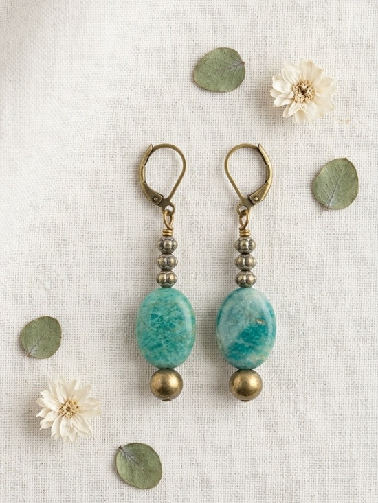 None Jewelry - Amazonite Blue Green Stone Oval Dangle Earrings Antiqued Brass Boho Artisan Drop